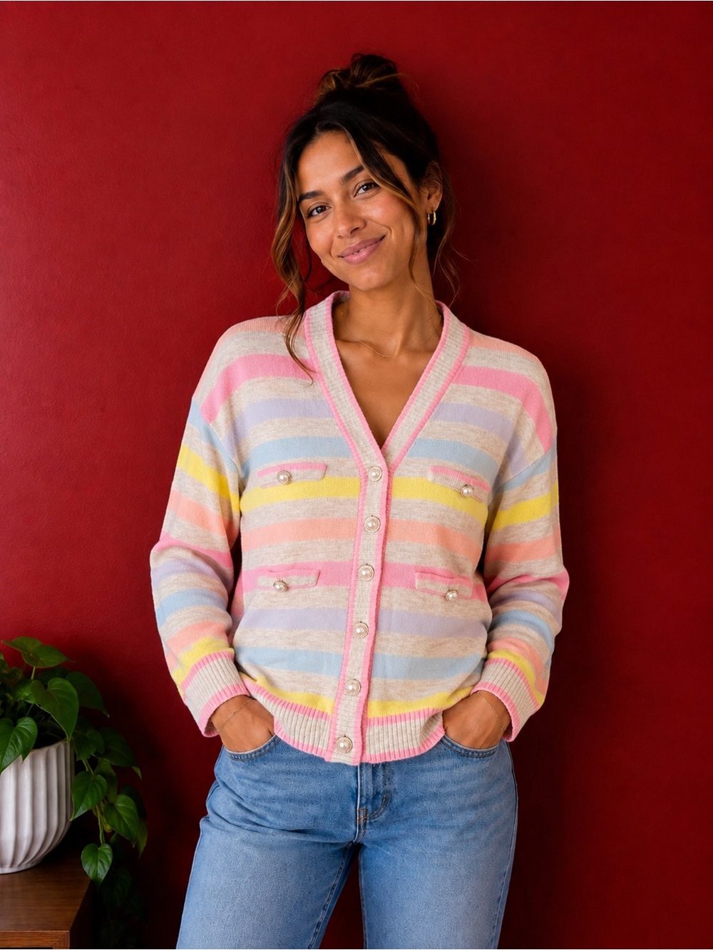 River Island Pastel Striped Cardigan – Pearl Buttons – Women’s Small